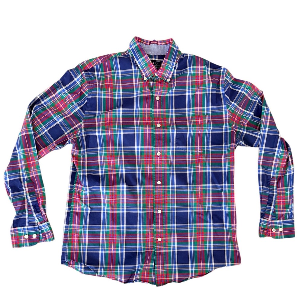Crown & Ivy Mens Classic Fit Plaid‎ Button Down Shirt Blue Green Red Medium